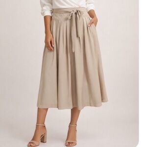 Calvin Klein Beige Taupe Pleated Midi Skirt Belt pockets lined Sz 10